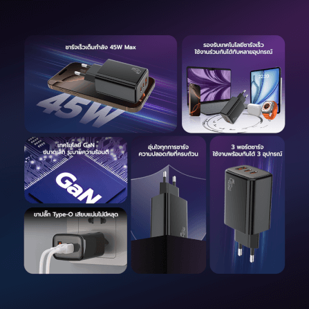 หัวชาร์จ 45W ZTEC ZA452 รองรับเทคโนโลยีชาร์จด่วน PD ขาปลั๊กไทย ได้รับมาตรฐาน มอก._2